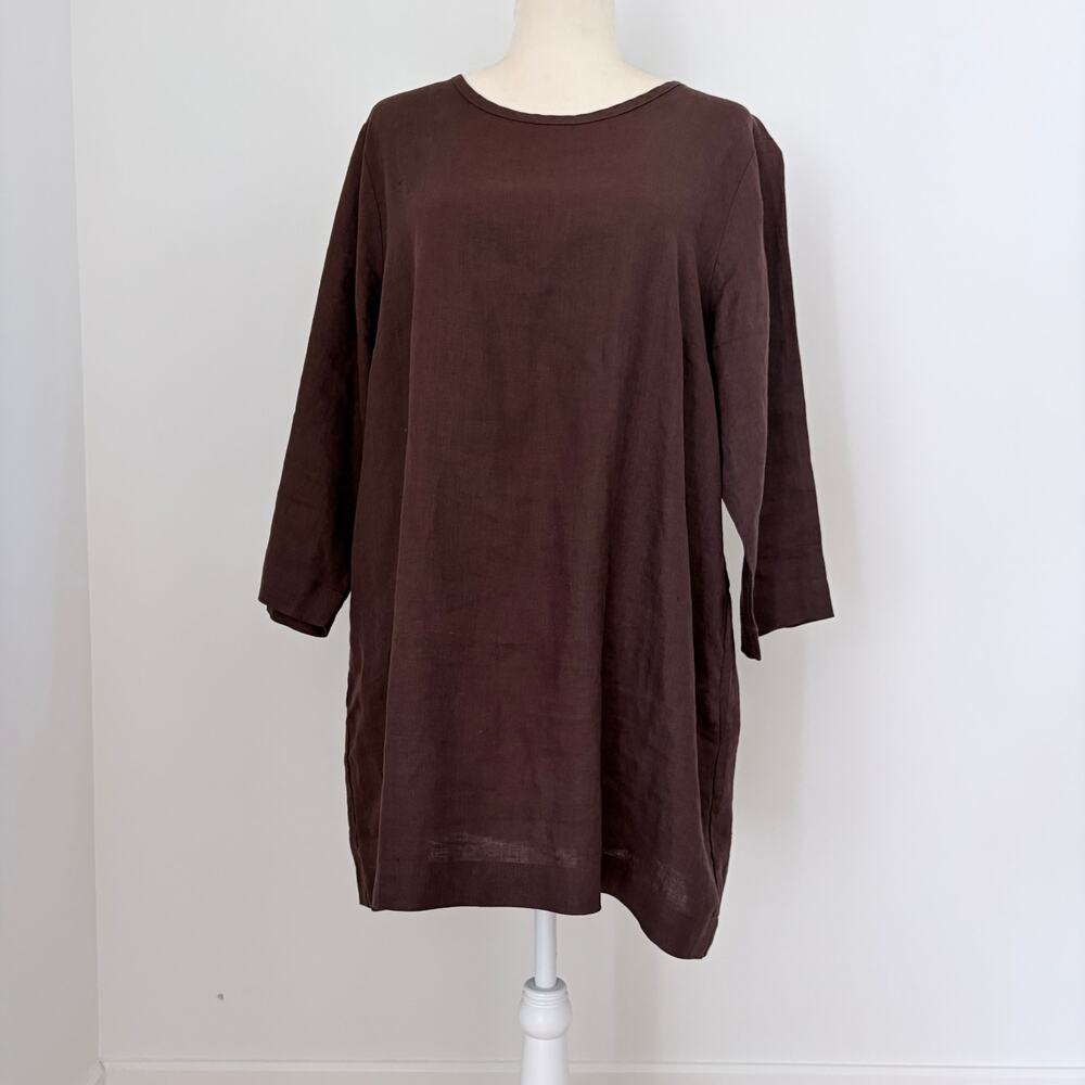 FLAX 100% Linen Long Sleeve Tunic Dress Top Relaxed Fit Brown Medium